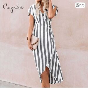 Cupshe Women’s White Gray Striped Wrap V-Neck Spring Summer Dress Large